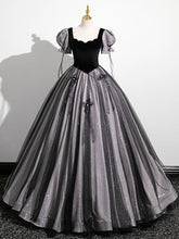 Drop Waist Black Long A-line Prom Dress with Bubble Short Sleeves - DollyGown